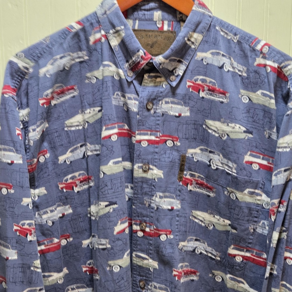 North River Shirt Mens Large Blue Car Print Long Sleeve Button Down Casual‎